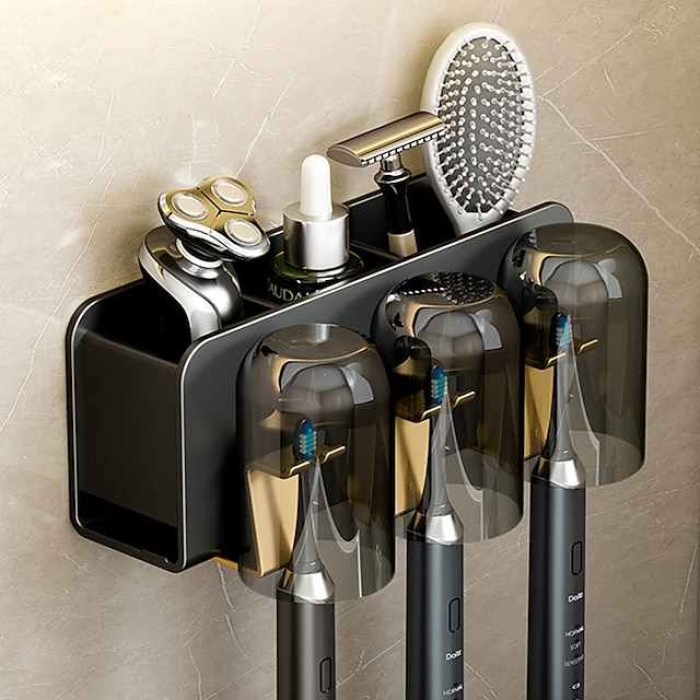 Black Gold Toothbrush Rack Bathroom Toilet Non Perforated Wall Mounted Electric Mouthwash Cup Brush Cup Wall Mounted Space Aluminum Storage Rack