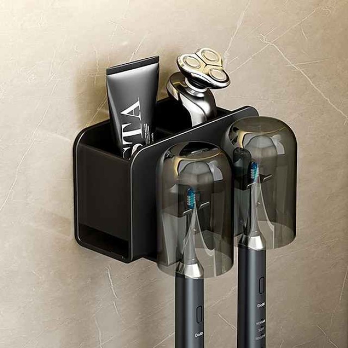 Black Toothbrush Rack Bathroom Toilet Non Perforated Wall Mounted Electric Mouthwash Cup Brush Cup Wall Mounted Space Aluminum Storage Rack