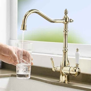 Twin Lever Kitchen Purify Taps Sink Mixer Faucet, 360 Rotation Water Purification Spout Deck Mounted, Dual Handle Single Hole Vessel Tap with Cold and Hot Hose