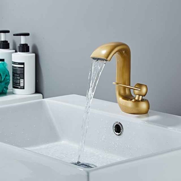 Bathroom Sink Faucet,Antique Brass Waterfall Single Handle One Hole Bath Taps with Hot and Cold Switch