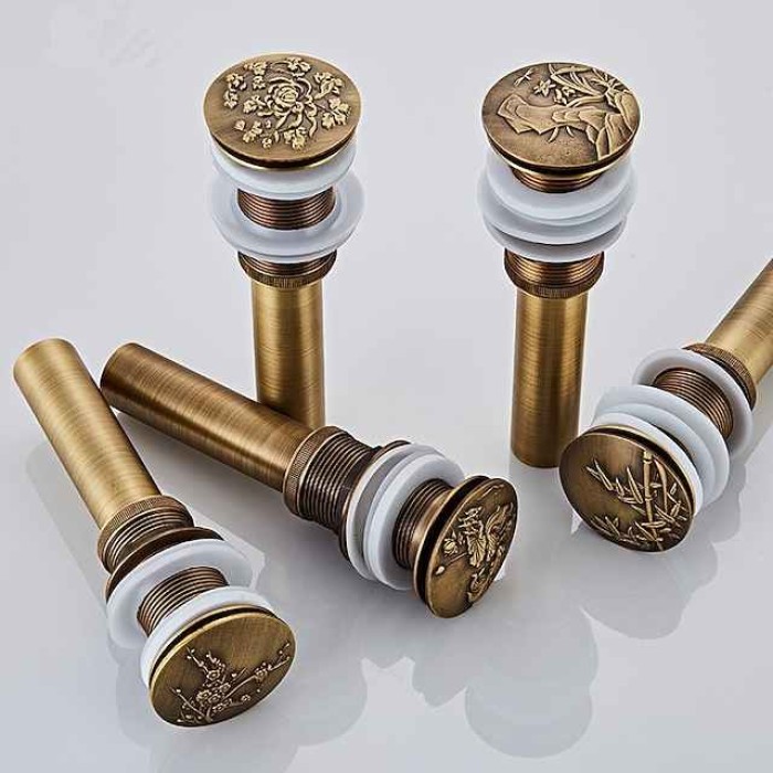 Engraved Antique Brass Pop Up Bathroom Sink Drain Strainer Stopper no Overflow Hole Kitchen Basin Sink Bottle Trap Drainer