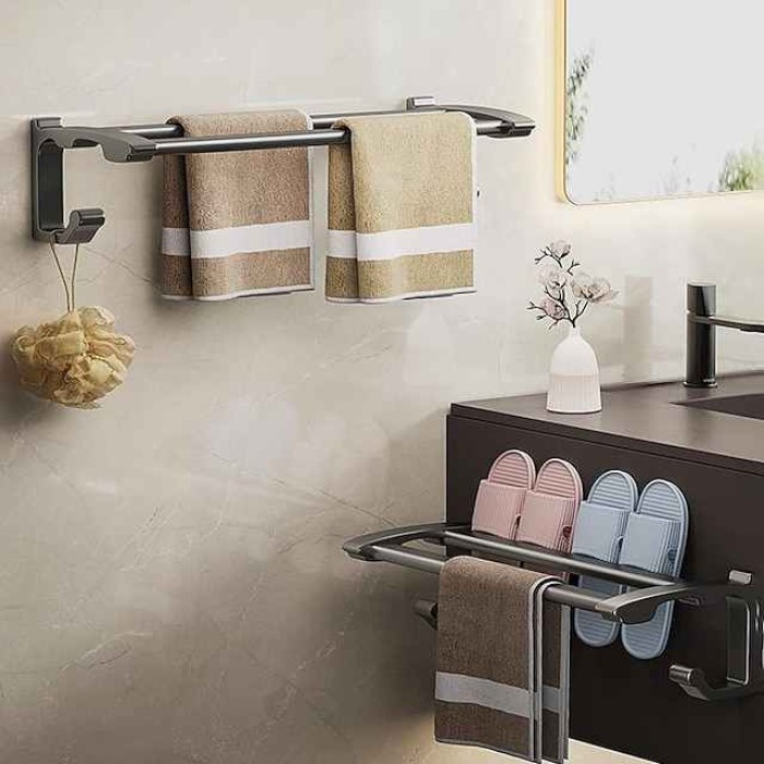 Non-Perforated Towel Rack Bathroom Towel Rack Hook Bathroom Hanging Rack Toilet Towel Bar Storage Rack Gun Gray Double Bar