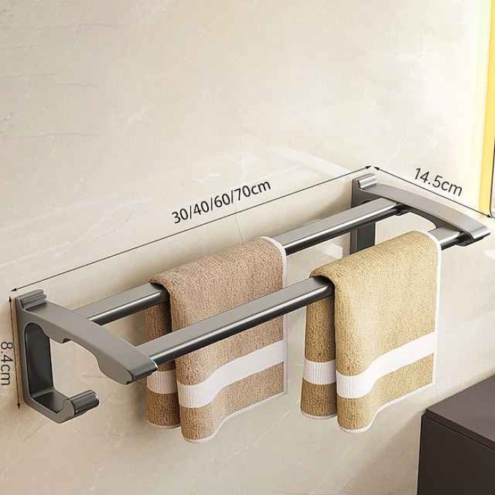 Non-Perforated Towel Rack Bathroom Towel Rack Hook Bathroom Hanging Rack Toilet Towel Bar Storage Rack Gun Gray Double Bar