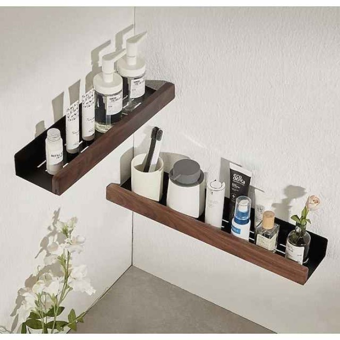 Bathroom Shelves Wall Mounted Walnut Space Aluminum Shower Shelf Storage Organizer Rack Bathroom Kitchen Bathroom Hardware Pendant Shower Rack Corner Shelf 1pc