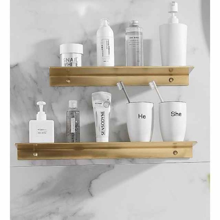 Bathroom Shelf Self-adhesive Bath Storage Rack 30-60cm Modern Space Aluminum Rust-proof Bathroom Organizer Wall Shelf 1pc (Brushed Golden)