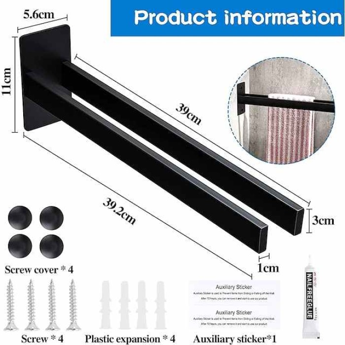 Towel Holder Black, Towel Holder No Drilling Required, Self-Adhesive Towel Holder Black Towel Rail No Drilling Bath Towel Holder for Bathroom and Kitchen, 39 cm (Two Arms)