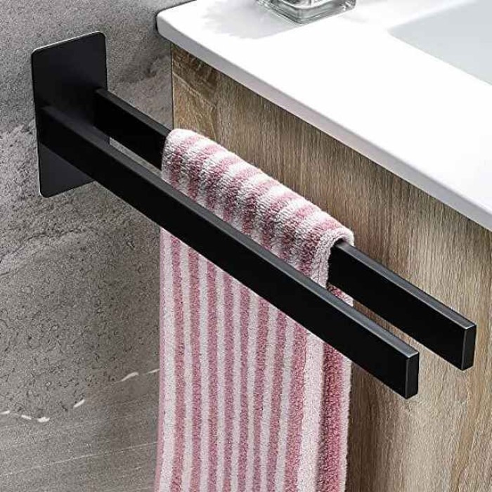 Towel Holder Black, Towel Holder No Drilling Required, Self-Adhesive Towel Holder Black Towel Rail No Drilling Bath Towel Holder for Bathroom and Kitchen, 39 cm (Two Arms)