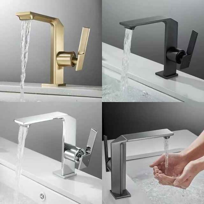 Waterfall Bathroom Sink Mixer Faucet Brass, Single Handle Basin Taps One Hole Faucets with Hot and Cold Hose, Waterfall Spout Brass Bath Tap Chrome Black Gold Grey