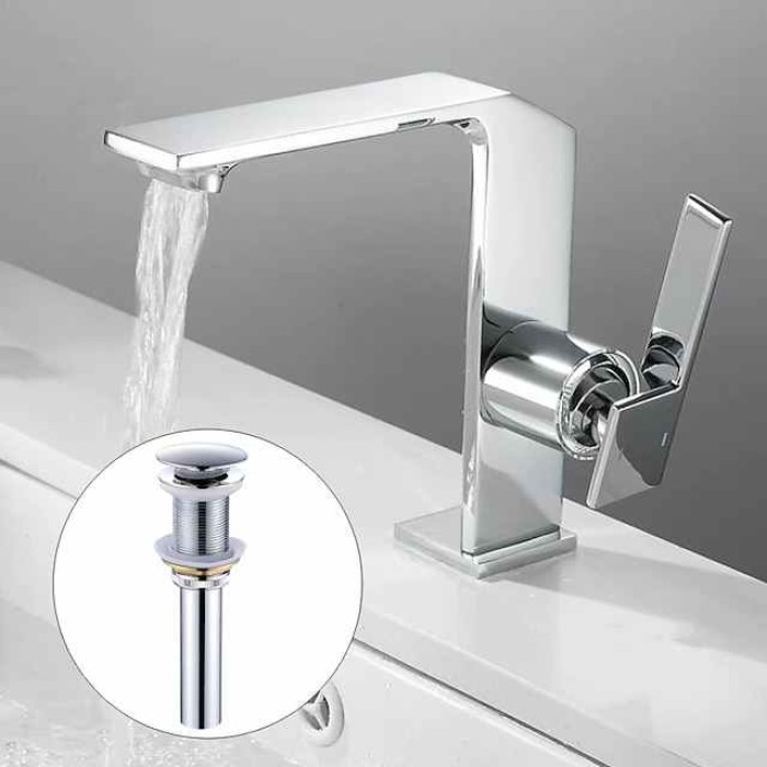 Waterfall Bathroom Sink Mixer Faucet Brass, Single Handle Basin Taps One Hole Faucets with Hot and Cold Hose, Waterfall Spout Brass Bath Tap Chrome Black Gold Grey