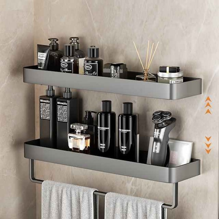 Bathroom Shelves Wall Mounted Gun Grey Storage Organizer Rack Bathroom Kitchen Bathroom Hardware Pendant Bathroom Shelf Space Aluminum Shower Rack Corner Shelf Square Bath Shower Shelf