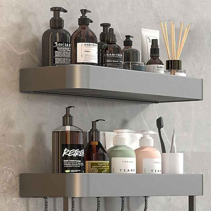 Bathroom Shelves Wall Mounted Gun Grey Storage Organizer Rack Bathroom Kitchen Bathroom Hardware Pendant Bathroom Shelf Space Aluminum Shower Rack Corner Shelf Square Bath Shower Shelf