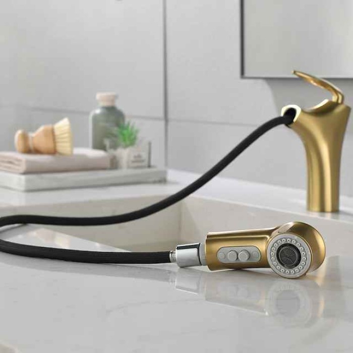 Bathroom Faucet Pull Out Sprayer, Single Handle Pull Down Sink Taps, One Hole Basin Mix Taps with Hot Cold Water Hose, Double Spout Brass Bath Faucet