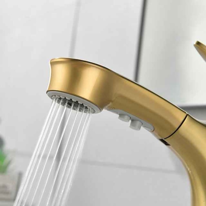 Bathroom Faucet Pull Out Sprayer, Single Handle Pull Down Sink Taps, One Hole Basin Mix Taps with Hot Cold Water Hose, Double Spout Brass Bath Faucet