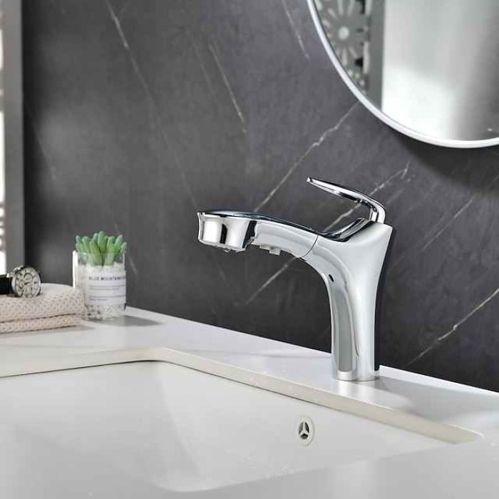 Bathroom Faucet Pull Out Sprayer, Single Handle Pull Down Sink Taps, One Hole Basin Mix Taps with Hot Cold Water Hose, Double Spout Brass Bath Faucet