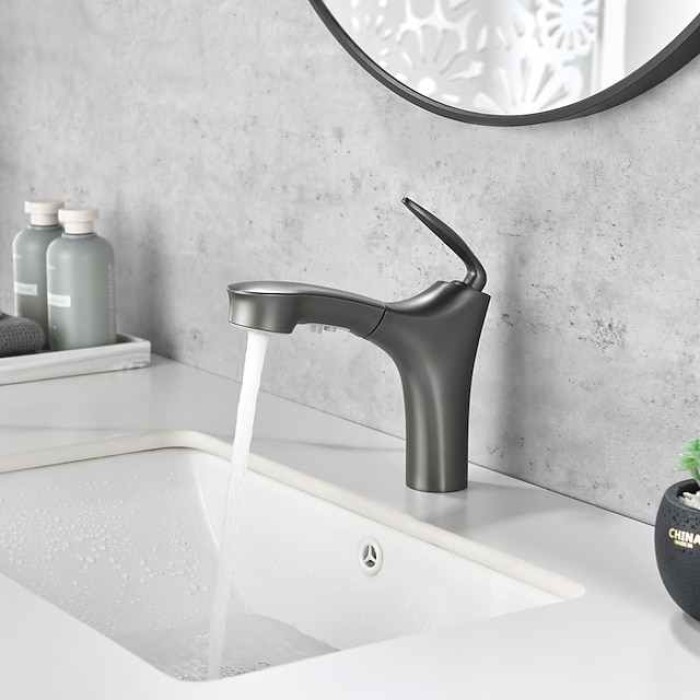 Bathroom Faucet Pull Out Sprayer, Single Handle Pull Down Sink Taps, One Hole Basin Mix Taps with Hot Cold Water Hose, Double Spout Brass Bath Faucet