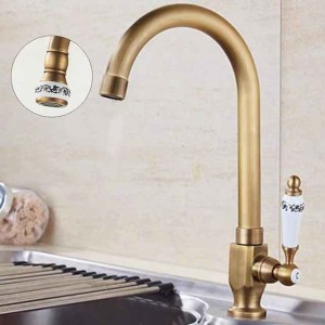 Kitchen Sink Faucet Retro Brass, 360 ° Swivel Single Handle Cold Taps One Hole Lever Ceramic Valve Tap Antique Vintage Bronze