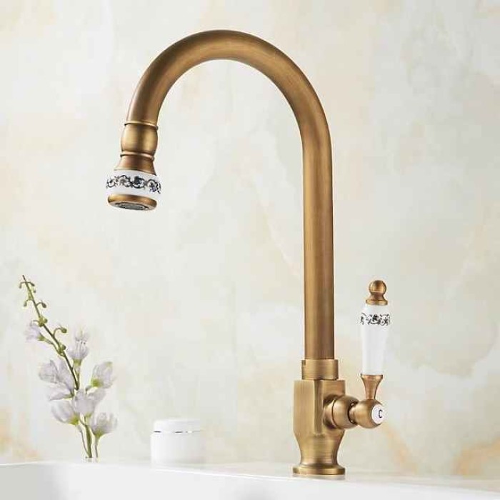 Kitchen Sink Faucet Retro Brass, 360 ° Swivel Single Handle Cold Taps One Hole Lever Ceramic Valve Tap Antique Vintage Bronze