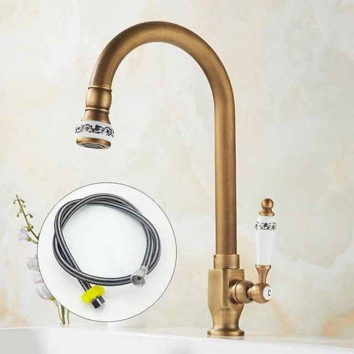 Kitchen Sink Faucet Retro Brass, 360 ° Swivel Single Handle Cold Taps One Hole Lever Ceramic Valve Tap Antique Vintage Bronze