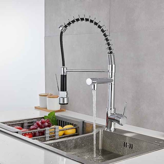 Kitchen Sink Mixer Faucet Pull Down Sprayer, Single Lever Pull Out Taps, 360 ° Swivel Cold Hot Water Brass Tap Golded Chrome Black