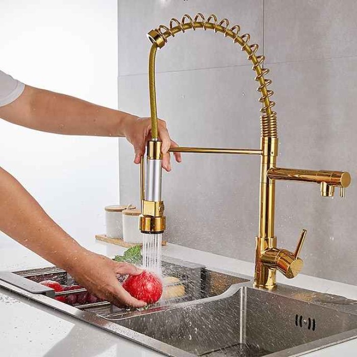 Kitchen Sink Mixer Faucet Pull Down Sprayer, Single Lever Pull Out Taps, 360 ° Swivel Cold Hot Water Brass Tap Golded Chrome Black