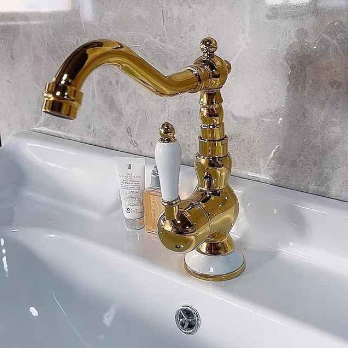 Mono Bathroom Sink Mixer Faucet Brass, Deck Mounted Single Lever Basin Taps Ceramic Handle Tap, One Hole Cold and Hot Hose Vessel Faucets