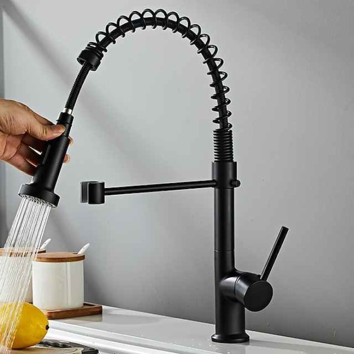 Black Kitchen Sink Mixer Faucet Pull Down, 360° Swivel Spring Vessel Taps with 2 Modes, Single Handle Hole Spring Brass Kitchen Faucets