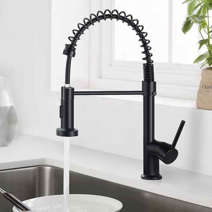 Black Kitchen Sink Mixer Faucet Pull Down, 360° Swivel Spring Vessel Taps with 2 Modes, Single Handle Hole Spring Brass Kitchen Faucets