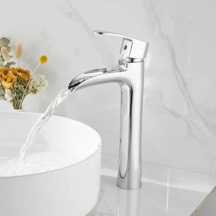 Waterfall Bathroom Sink Mixer Faucet Chrome, Tall Basin Mixer Taps Brass, Single Handle One Hole Tap with Hot and Cold Hose Deck Mounted Vessel Water Tap