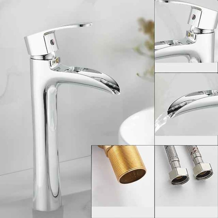 Waterfall Bathroom Sink Mixer Faucet Chrome, Tall Basin Mixer Taps Brass, Single Handle One Hole Tap with Hot and Cold Hose Deck Mounted Vessel Water Tap