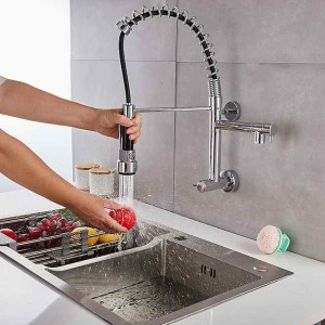 Wall Mounted Kitchen Sink Faucet Only Cold Water Pull Down Sprayer, 360 Swivel Pull Out Kitchen Taps 2 Sprayer Mode Vessel Water Tap Gold Black Chrome