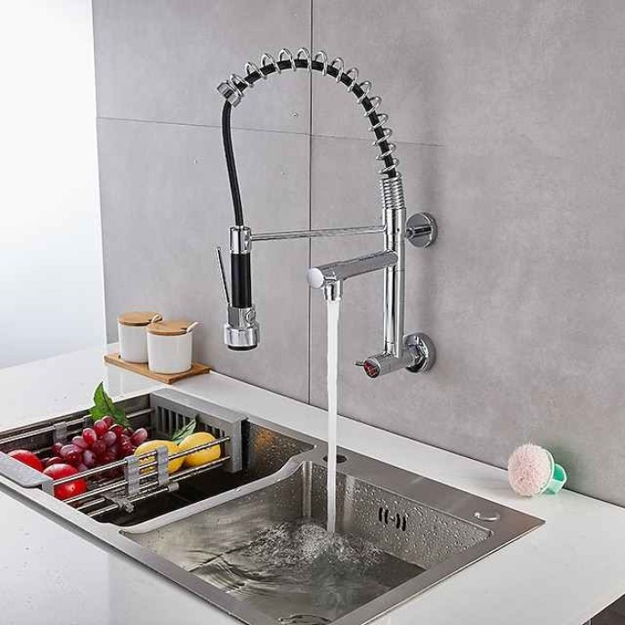 Wall Mounted Kitchen Sink Faucet Only Cold Water Pull Down Sprayer, 360 Swivel Pull Out Kitchen Taps 2 Sprayer Mode Vessel Water Tap Gold Black Chrome