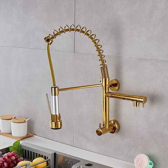 Wall Mounted Kitchen Sink Faucet Only Cold Water Pull Down Sprayer, 360 Swivel Pull Out Kitchen Taps 2 Sprayer Mode Vessel Water Tap Gold Black Chrome