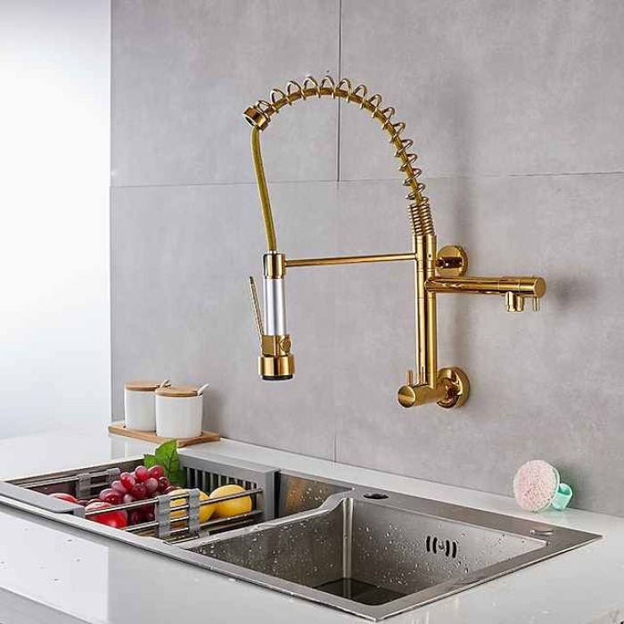 Wall Mounted Kitchen Sink Faucet Only Cold Water Pull Down Sprayer, 360 Swivel Pull Out Kitchen Taps 2 Sprayer Mode Vessel Water Tap Gold Black Chrome