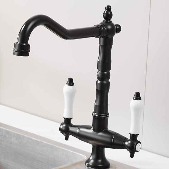 Twin Lever Traditional Kitchen Sink Mixer Taps, Dual Lever Cold and Hot Faucet Deck Mounted, 360° Swivel Spout Sink Tap with 2 Ceramic Handles, Antique Brass Classic Double Handle for Kitchen Bathroom