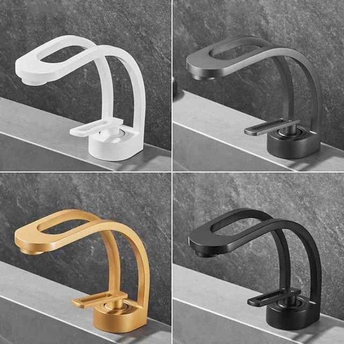 Basin Sink Mixer Taps, Deck Mounted Bathroom Sink Faucet, Brass Sinlge Handle with Hot and Cold Hose, One Hole Vessel Water Tap Chrome Black White Grey