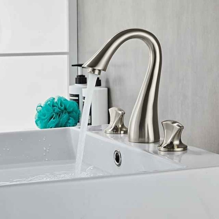 Widespread Bathroom Sink Mixer Faucet, 3 Hole 2 Handle Brass Valve Deck Mounted Basin Taps with Hot and Cold Hose, Vessel Water Tap