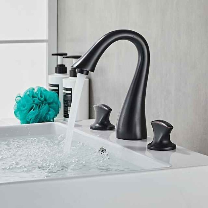 Widespread Bathroom Sink Mixer Faucet, 3 Hole 2 Handle Brass Valve Deck Mounted Basin Taps with Hot and Cold Hose, Vessel Water Tap