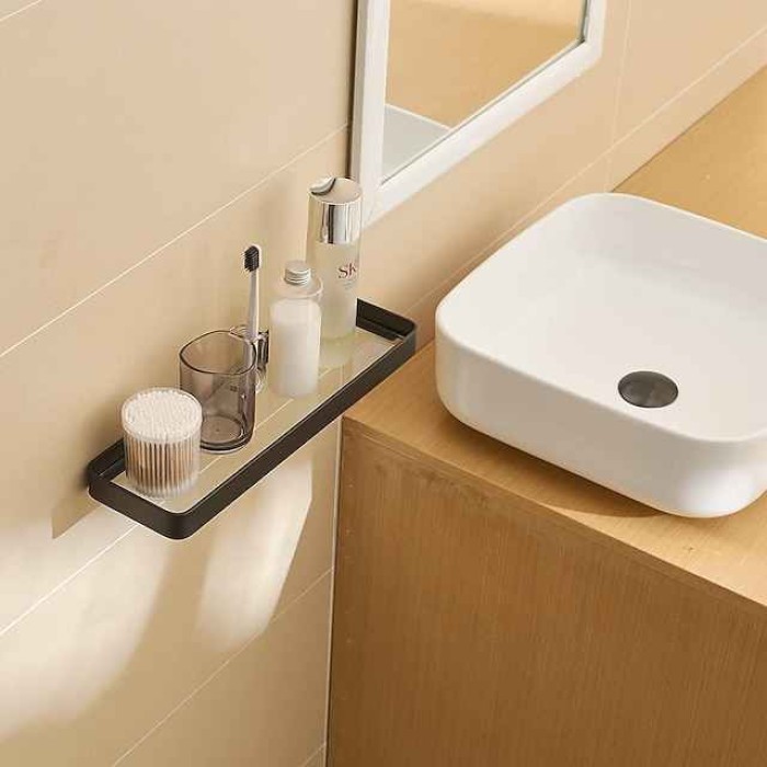 Black Floating Shelf Bathroom Wall Shelf Tempered Glass Shelf Wall Mounted