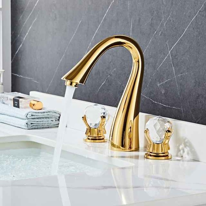 Widespread Bathroom Sink Mixer Faucet, 3 Hole 2 Crystal Handle Traditional Basin Taps Deck Mounted with Hot and Cold Hose, Vessel Water Tap