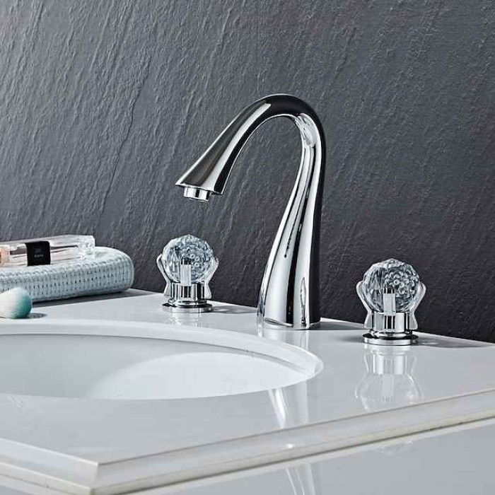 Widespread Bathroom Sink Mixer Faucet, 3 Hole 2 Crystal Handle Traditional Basin Taps Deck Mounted with Hot and Cold Hose, Vessel Water Tap