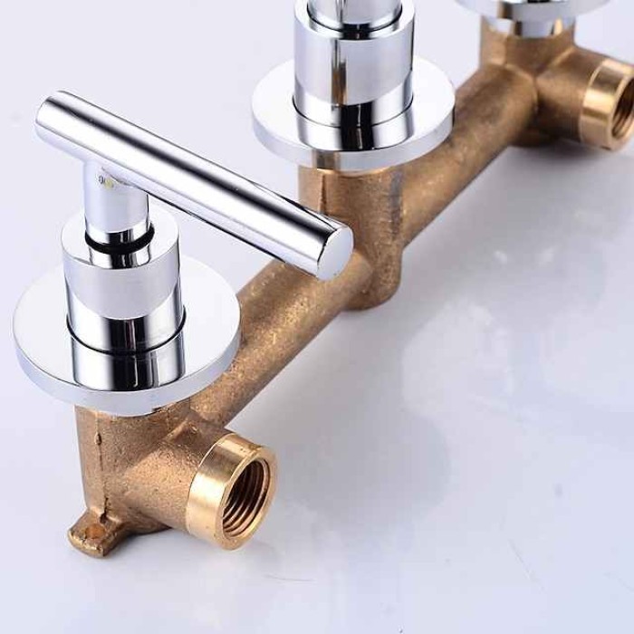 Bathroom Sink Mixer Faucet Wall Mounted, 2 Handle 3 Hole Wash Baxin Brass Taps, Rough in Valve Washroom Basin Tap