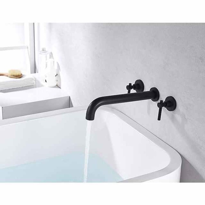 Bathroom Sink Mixer Faucet Wall Mounted, 2 Handle 3 Hole Wash Baxin Brass Taps, Rough in Valve Washroom Basin Tap