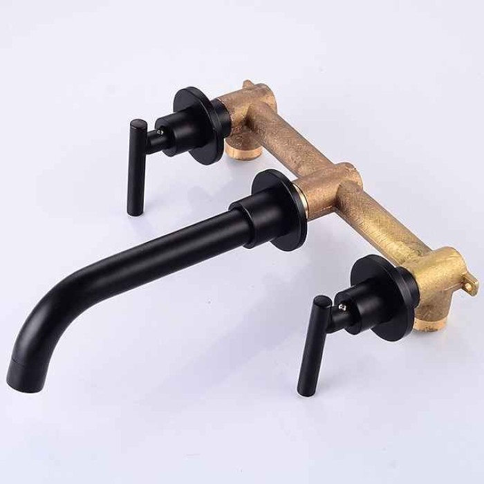 Bathroom Sink Mixer Faucet Wall Mounted, 2 Handle 3 Hole Wash Baxin Brass Taps, Rough in Valve Washroom Basin Tap