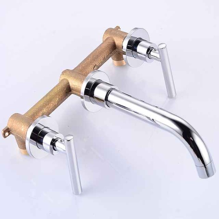 Bathroom Sink Mixer Faucet Wall Mounted, 2 Handle 3 Hole Wash Baxin Brass Taps, Rough in Valve Washroom Basin Tap