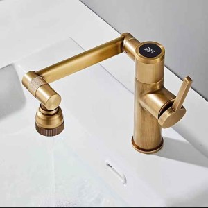 Foldable Bathroom Sink Mixer Faucet LED Displayer, Vintage 360 Swivel Spout Rotatable Wash Basin Tap, Brass Retro Single Handle One Hole with Cold and Hot Water Hose