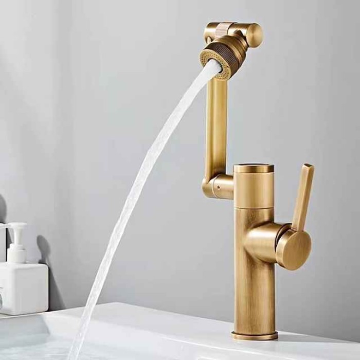 Foldable Bathroom Sink Mixer Faucet LED Displayer, Vintage 360 Swivel Spout Rotatable Wash Basin Tap, Brass Retro Single Handle One Hole with Cold and Hot Water Hose