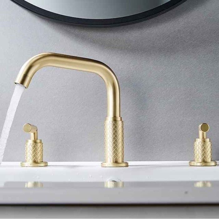 Widespread Bathroom Sink Mixer Faucet 360 Degree Swivel, Brass 3 Hole 2 Handle Basin Tap Deck Mounted, Washroom Basin Vessel Water Tap with Hot and Cold Hose