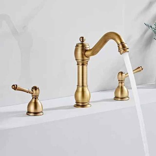 Widespread Bathroom Sink Mixer Faucet, 360° Swivel Brass 3 Hole 2 Handle Basin Tap Deck Mounted, Washroom Basin Vessel Water Tap with Hot and Cold Hose