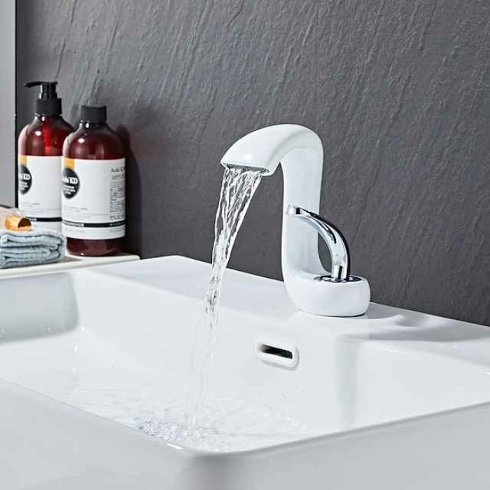 Waterfall Bathroom Sink Mixer Faucet Deck Mount, Mono Wash Basin Single Handle Basin Taps Washroom with Hot and Cold Hose, Monobloc Vessel Water Brass Tap Black White Chrome Brushed