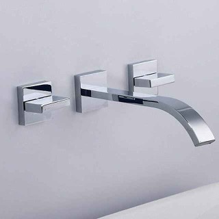 Wall Mounted Bathroom Sink Mixer Faucet Waterfall, Widespread Basin Taps Vintage Brass 2 Handles 3 Holes Washroom Wash Baxin Tap with Cold Hot Water Hose